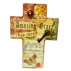 Vintage Folk Art Wall Cross Mixed Media Collage Skeleton Key Amazing Grace 9x12"